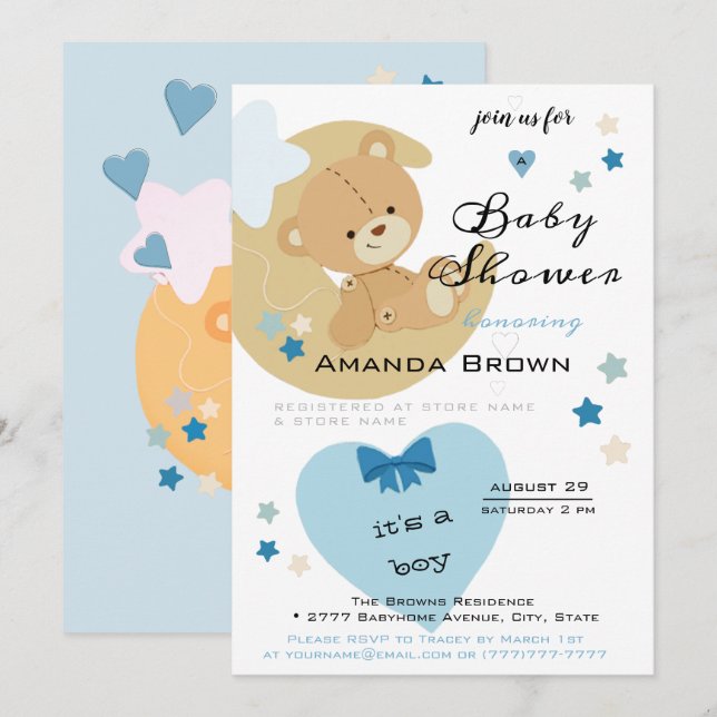 Invitación Teddy Bear Love Baby Boy Shower | (Anverso / Reverso)