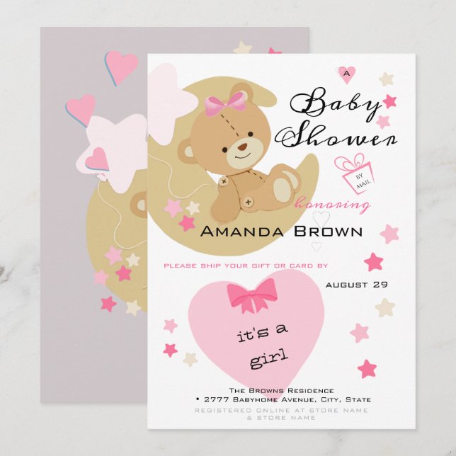 Invitación Teddy Bear Love Baby Girl Shower (Anverso / Reverso)