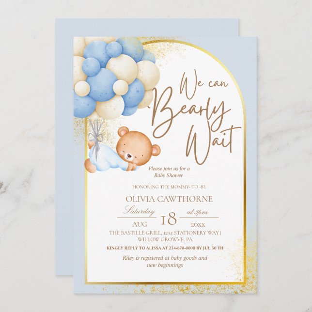 Invitación Teddy Bear Modern Blue Gold Baby Shower (Anverso / Reverso)