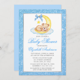 Invitación Teddy Bear Moon Blue Purpurina Baby Shower