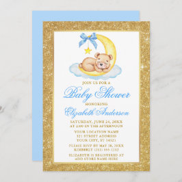 Invitación Teddy Bear Moon Gold Purpurina Baby Shower Blue