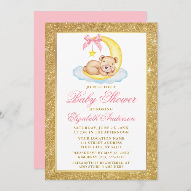 Invitación Teddy Bear Moon Gold Purpurina Baby Shower Pink (Anverso / Reverso)