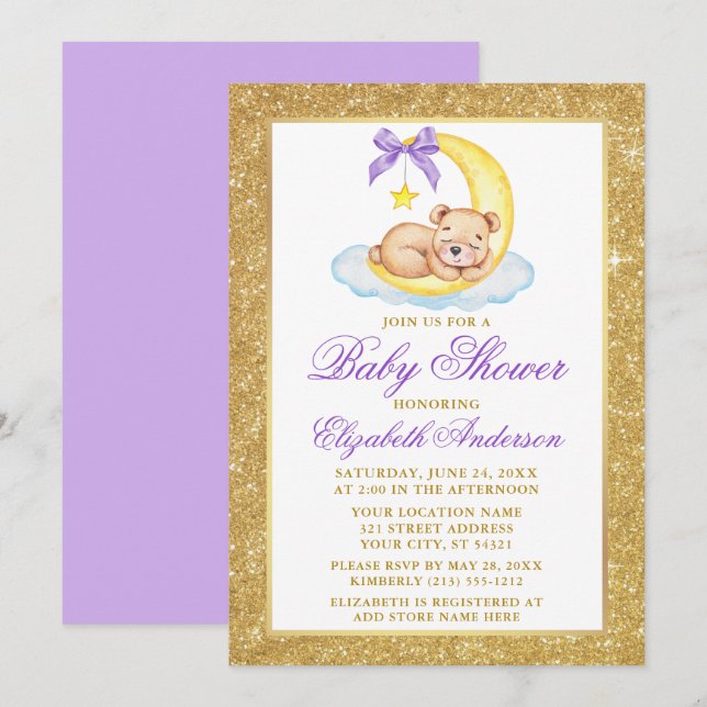 Invitación Teddy Bear Moon Gold Purpurina Baby Shower Purple (Anverso / Reverso)