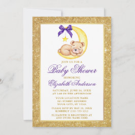Invitación Teddy Bear Moon Gold Purpurina Purple Baby Shower
