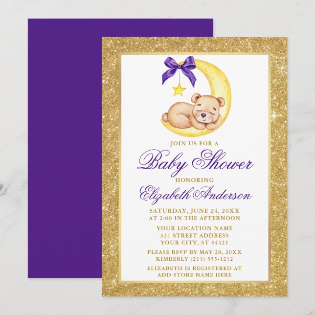 Invitación Teddy Bear Moon Gold Purpurina Purple Baby Shower (Anverso / Reverso)