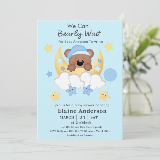 Invitación Teddy Bear Moon Nubes Stars Baby Boy Shower (Anverso de pie)