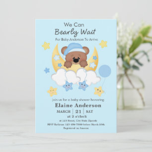 Invitación Teddy Bear Moon Nubes Stars Baby Boy Shower