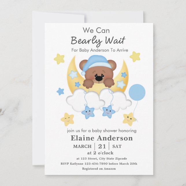 Invitación Teddy Bear Moon Nubes Stars Baby Boy Shower (Anverso)