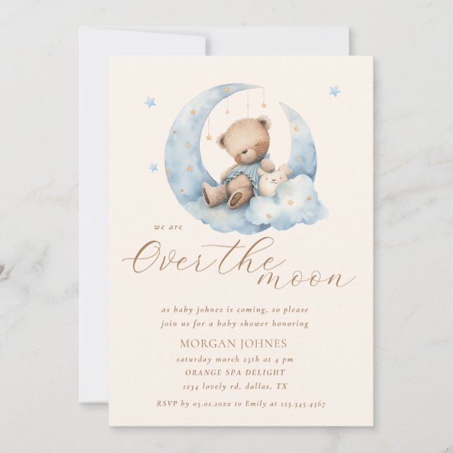 Invitación Teddy Bear Moon Over the Moon Baby Shower (Anverso)