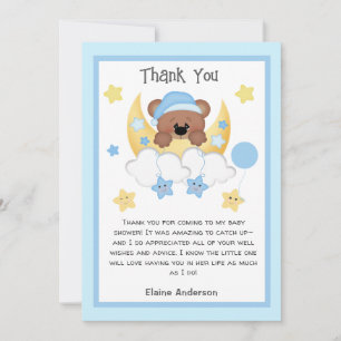 Invitación Teddy Bear Moon Stars Baby Boy Shower Gracias