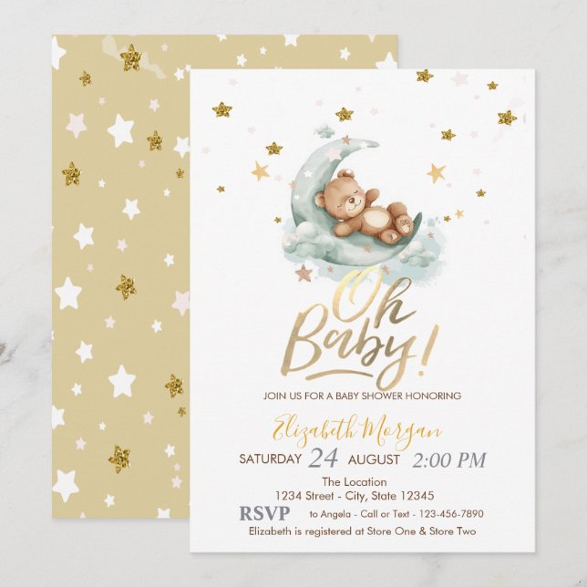 Invitación Teddy Bear Moon Stars Baby Shower (Anverso / Reverso)