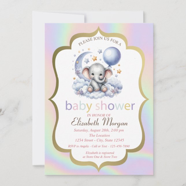 Invitación Teddy Bear, Moon, Stars Holographic Baby Shower (Anverso)