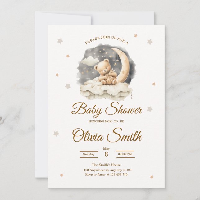 Invitación Teddy Bear Moon & Stars Neutral Baby Shower (Anverso)
