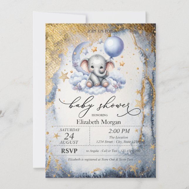 Invitación Teddy Bear Moon, Stars Watercolor Baby Shower (Anverso)