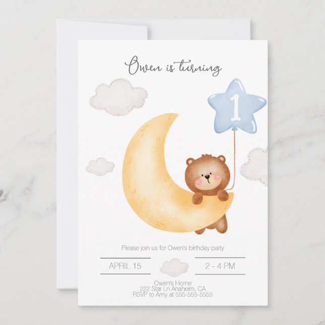 Invitación Teddy Bear Moon y Stars globo azul cumpleaños I (Anverso)