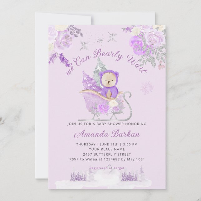 Invitación Teddy Bear morado floral Bearly Wait Baby Shower (Anverso)