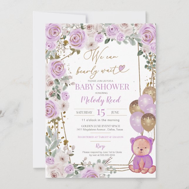 Invitación Teddy Bear Morple Floral Globos Chica Baby Shower (Anverso)