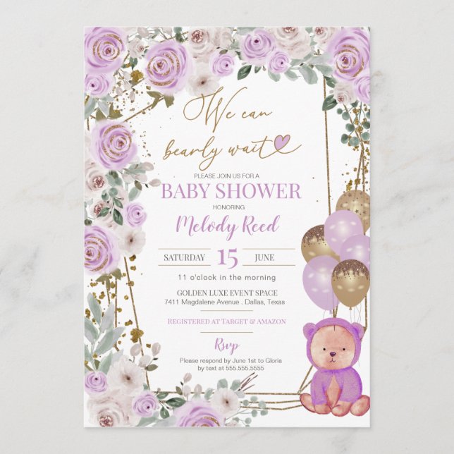 Invitación Teddy Bear Morple Floral Globos Chica Baby Shower (Anverso)