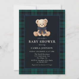 Invitación Teddy Bear Navy Plaid Baby Shower Invitation