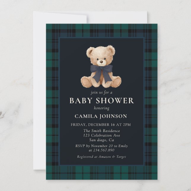Invitación Teddy Bear Navy Plaid Baby Shower Invitation (Anverso)