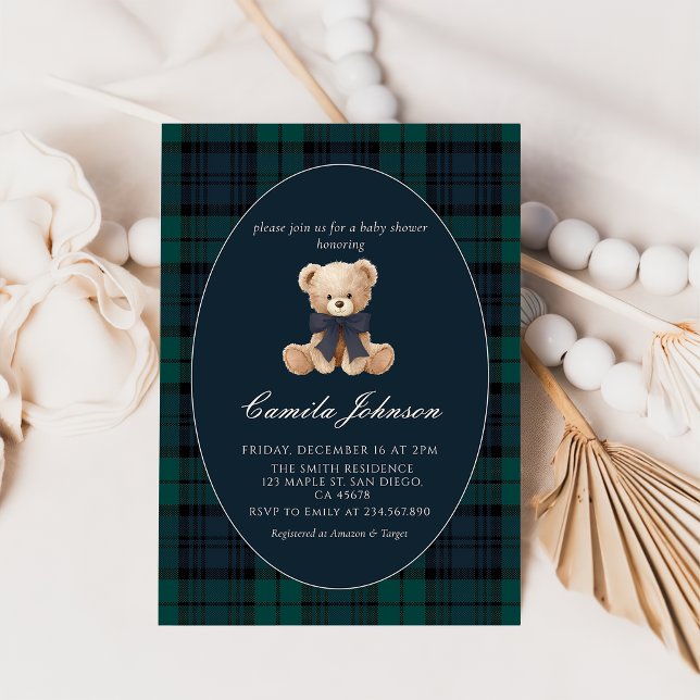 Invitación Teddy Bear Navy Plaid Baby Shower Invitation (Subido por el creador)