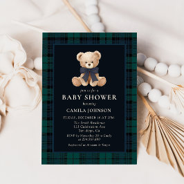 Invitación Teddy Bear Navy Plaid Baby Shower Invitation