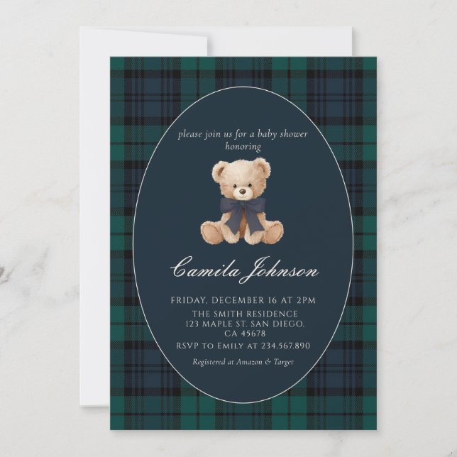 Invitación Teddy Bear Navy Plaid Baby Shower Invitation (Anverso)