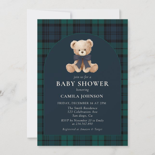 Invitación Teddy Bear Navy Plaid Baby Shower Invitation (Anverso)