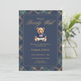 Invitación Teddy Bear Navy Tartan Plaid Classic Baby Shower