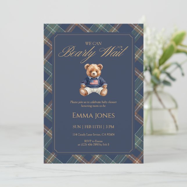 Invitación Teddy Bear Navy Tartan Plaid Classic Baby Shower (Anverso de pie)
