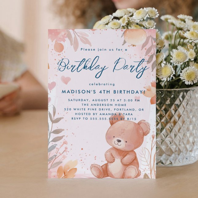Invitación Teddy Bear Niños Rosa Fiesta de Cumpleaños (Subido por el creador)