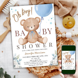 Invitación Teddy Bear Oh Boy Baby Shower Blue Balloon