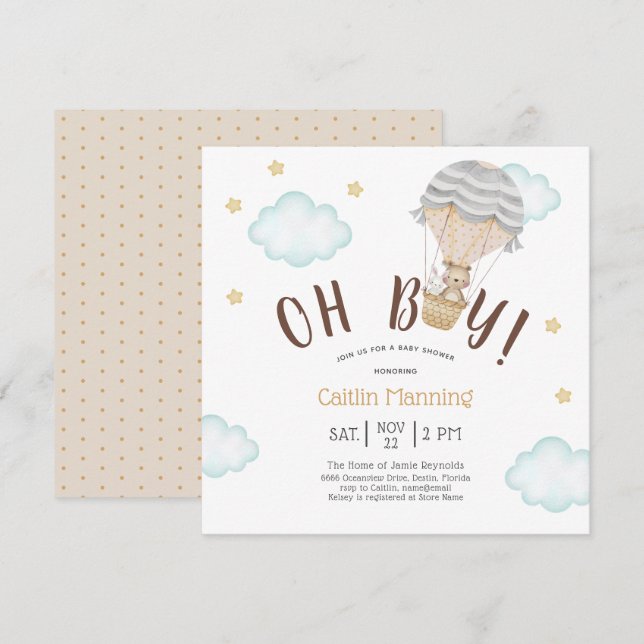 Invitación Teddy Bear Oh Boy Woodland Baby Shower (Anverso / Reverso)