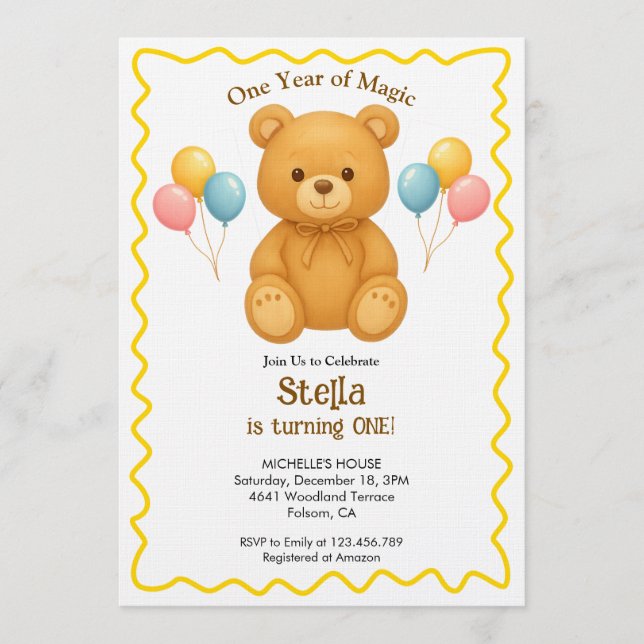 Invitación Teddy Bear One Year of Magic First Birthday  (Anverso)