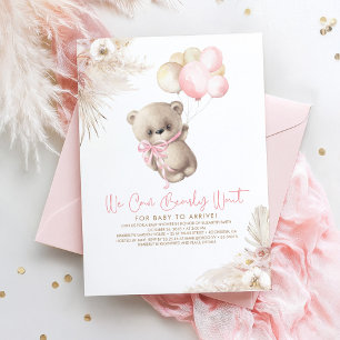 Invitación Teddy Bear Pastel Brown Chica de Boho Rosa Baby Sh