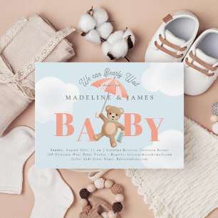 Invitación Teddy Bear Peach Blue Bearly Wait Baby Shower