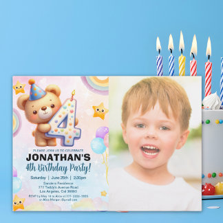 Invitación Teddy Bear Photo Birthday 4th for boy's