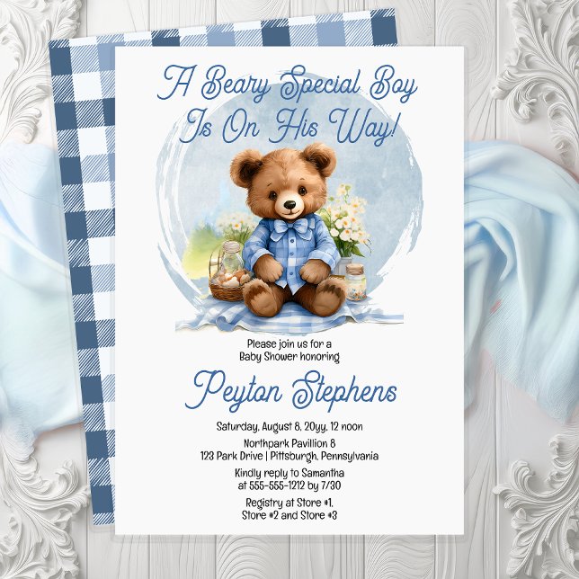 Invitación Teddy Bear Picnic Beary Special Boy Baby Shower ("A Beary Special Boy Is On His Way!" Cute Teddy Bear Picnic Boy Baby Shower Invitation - Print | Dig)