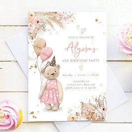 Invitación Teddy Bear Picnic Boho Chica Rosado Fiesta de cump
