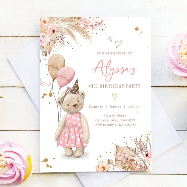 Invitación Teddy Bear Picnic Boho Chica Rosado Fiesta de cump (Subido por el creador)
