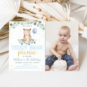 Invitación Teddy Bear Picnic Greenery Boy Cumpleaños