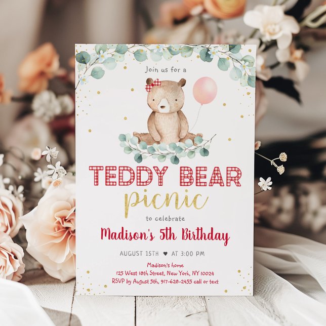 Invitación Teddy Bear Picnic Greenery Floral Cumpleaños (Subido por el creador)