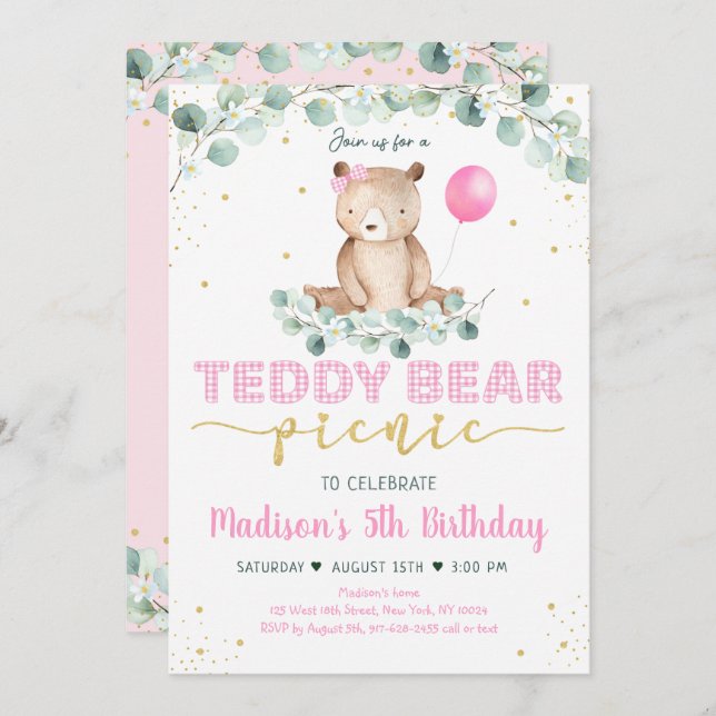 Invitación Teddy Bear Picnic Oro Rojo Verdor Cumpleaños (Anverso / Reverso)