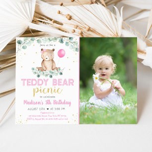 Invitación Teddy Bear Picnic Pink Floral Cumpleaños