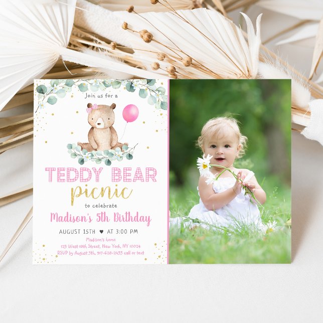Invitación Teddy Bear Picnic Pink Floral Cumpleaños (Subido por el creador)