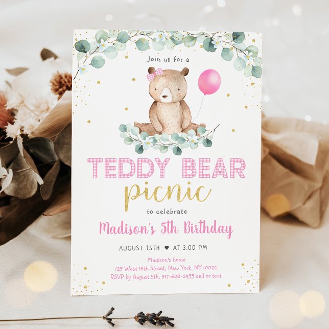 Invitación Teddy Bear Picnic Pink Floral Cumpleaños (Subido por el creador)