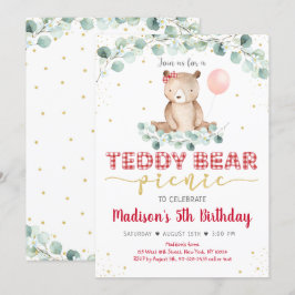 Invitación Teddy Bear Picnic Red Gold Greeneration Cumpleaños