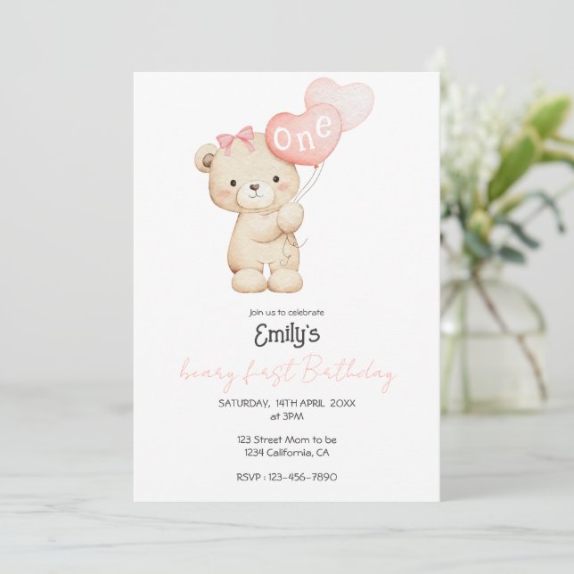 Invitación Teddy Bear pink 1st Birthday Party for Baby Girl (Anverso de pie)