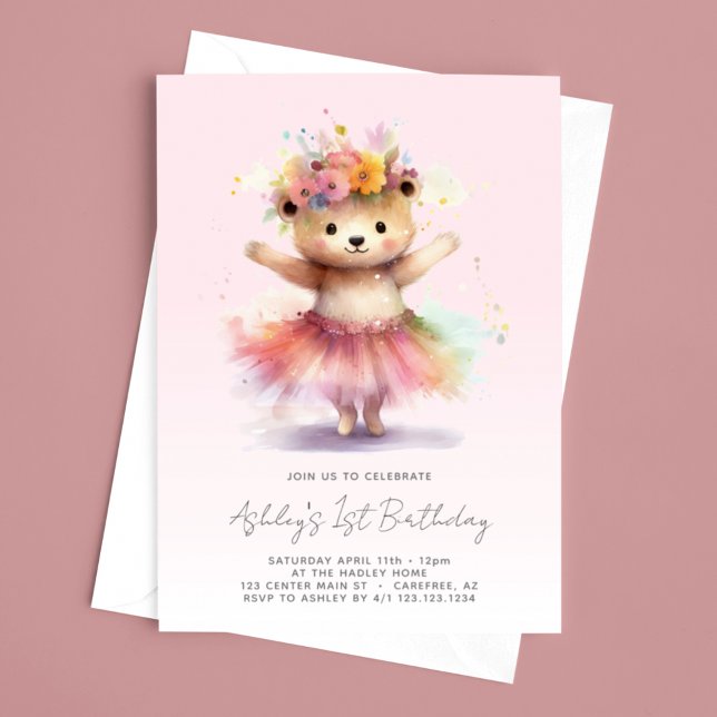 Invitación Teddy Bear Pink Ballerina 1er cumpleaños (Subido por el creador)