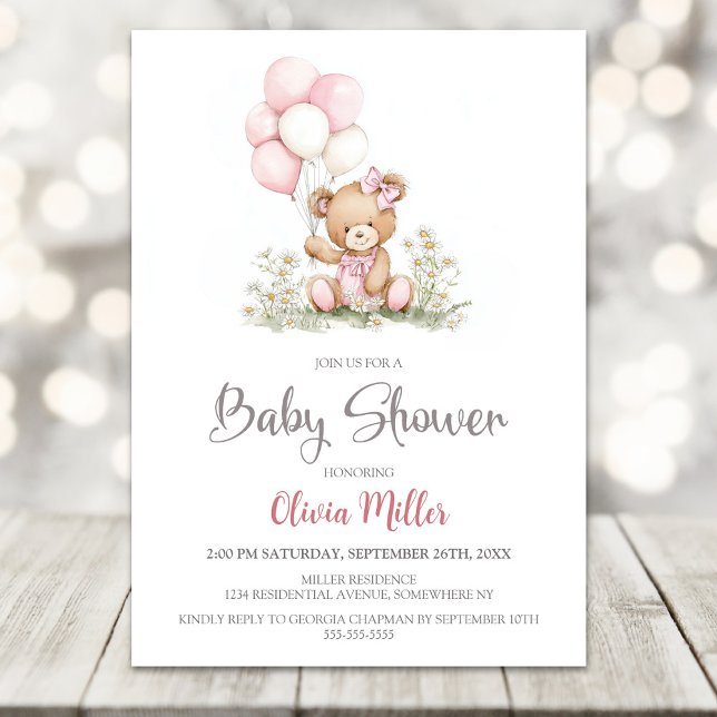 Invitación Teddy Bear Pink Balloons Baby Shower Invitation (Subido por el creador)
